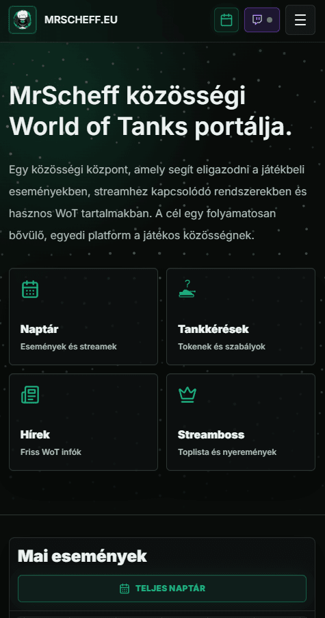 MrScheff főoldal mobil nézet